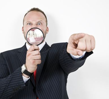 man with magnified teeth on isolated background
