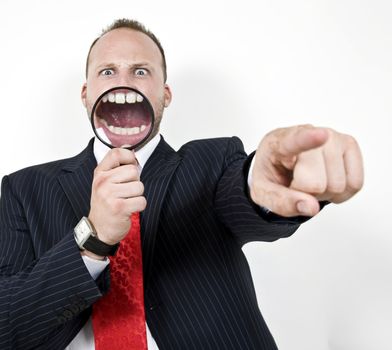 pointing man with magnified glass on isolated background
