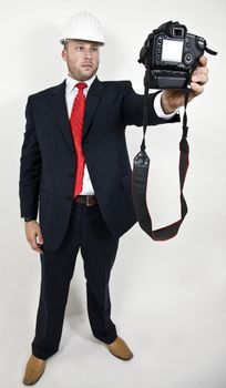 man with camera on isolated background
