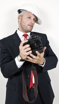 man holding camera on isolated background
