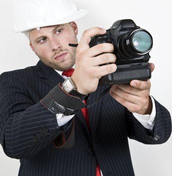 man doing photography on isolated background
