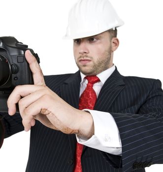 male shooting with camera on isolated background
