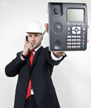 male showing phone on isolated background
