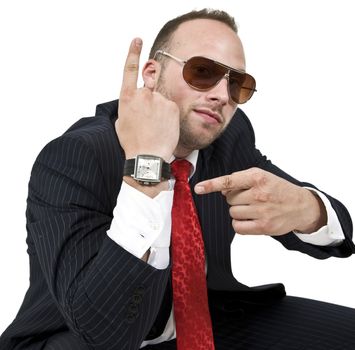 man pointing towards watch on isolated background
