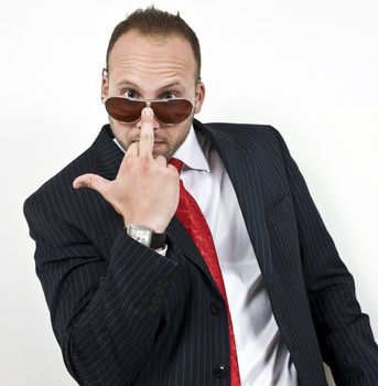 male adjusting his goggles on isolated background
