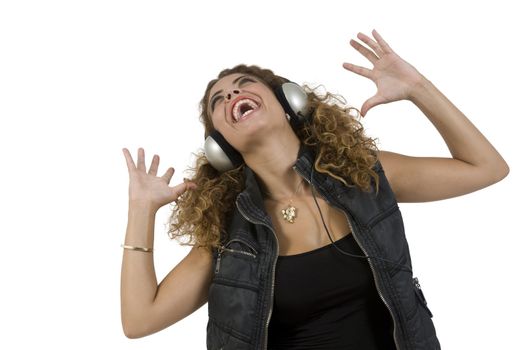 pretty lady enjoying music with white background