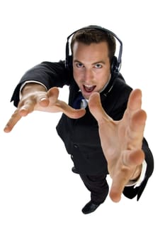 young businessman works with microphone on white background