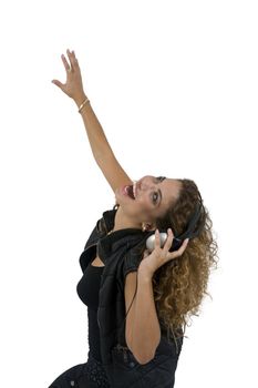 posing female with headphone against white background