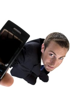 young businessman showing his mobile with white background