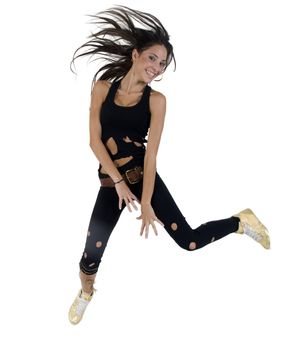 jumping beautiful woman on isolated studio picture