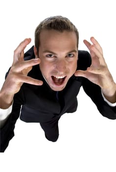 young businessman shouting and looking upside with white background