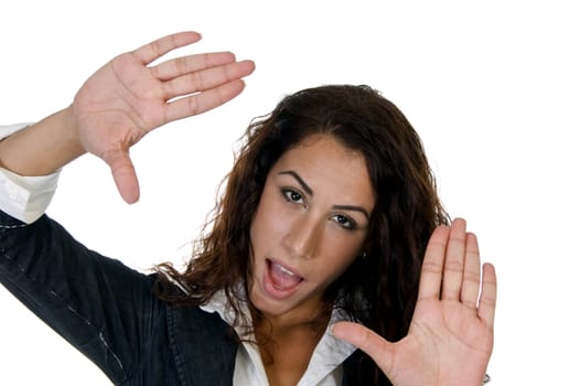 young lady showing hand gesture against white background