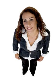 lady standing straight looking upward on an isolated white background