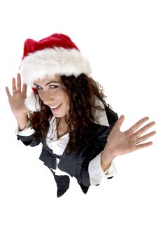 lady waving hands and looking upward on an isolated background