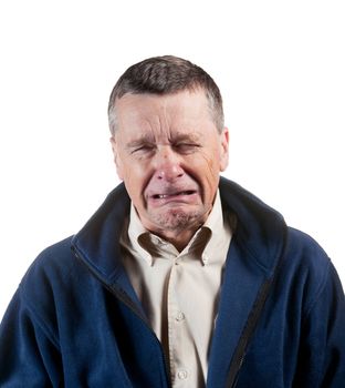 Isolated image of a middle aged man sneezing into the camera