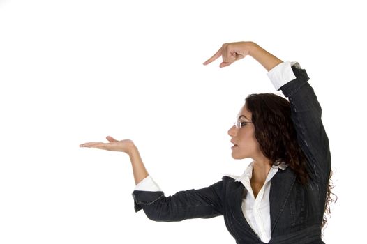 lady pointing on palm on an isolated background