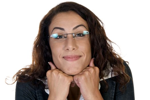 glad woman with chin over hands on an isolated white background