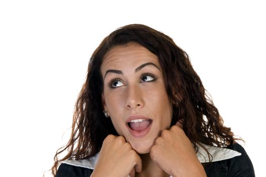 female posing with chin on hands against white background