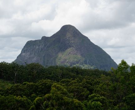 Glass House Mountains National park in Australia with dramatic rock plugs