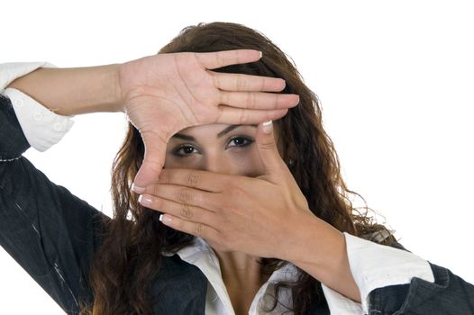 lady making frame with hands on an isolated background