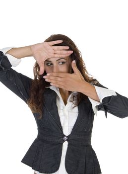 female posing with hands on an isolated white background