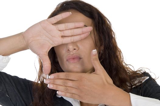 female posing with hands on an isolated background