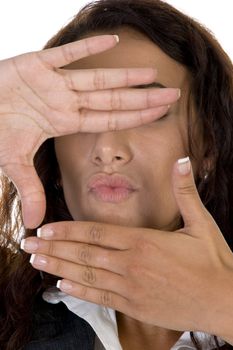 female posing with hands on an isolated background