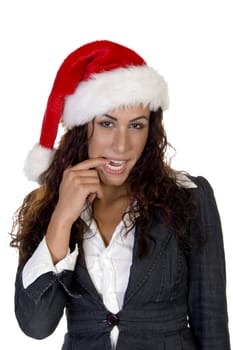 female biting her finger on an isolated background