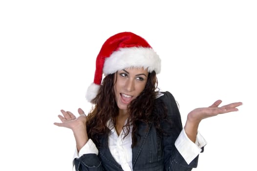 lady making pose with palms on an isolated background