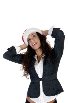 lady having hands back on head with white background