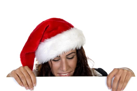 lady in christmas cap against white background