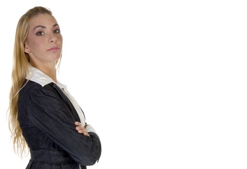 stylish pose of businesswoman against white background