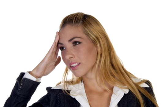 young lady in tension on white background