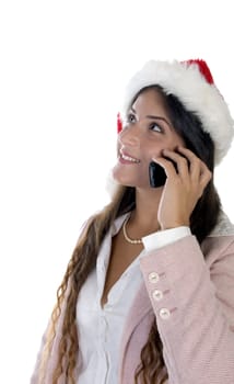 lady wearing santacap and holding mobile with white background