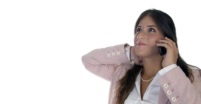 young female holding cellphone with white background