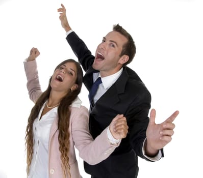 excited business couple on an isolated background