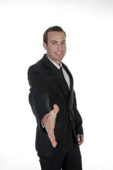 businessman offering handshake against white background