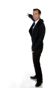 smart businessman pointing sideways on an isolated background