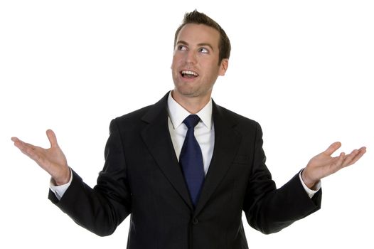 smiling man with open palms on an isolated white background