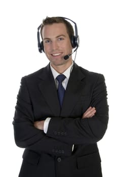 standing businessman with microphone on white background