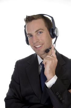 young man calling with headset and smiling on white background