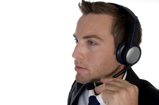 businessman busy on phone call with white background