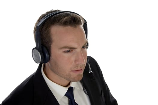 businessman wearing headset on white background