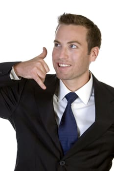 businessman posing calling hand gesture with white background