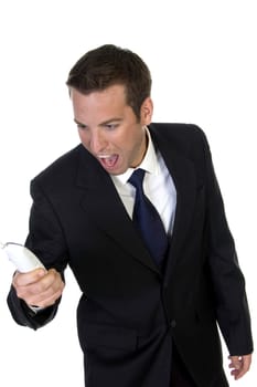 man shouting on his mobile phone on an isolated  white background