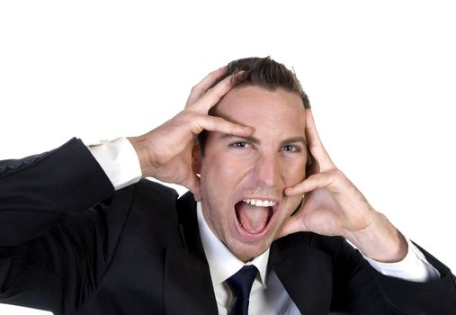 frustrated businessman holding his face on an isolated white background