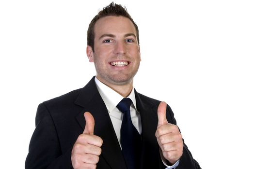 young happy businesssman and showing thumbsup with white background