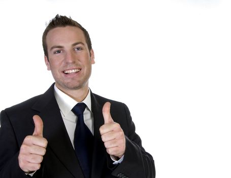 happy businessman with his hand going thumbs up with white background