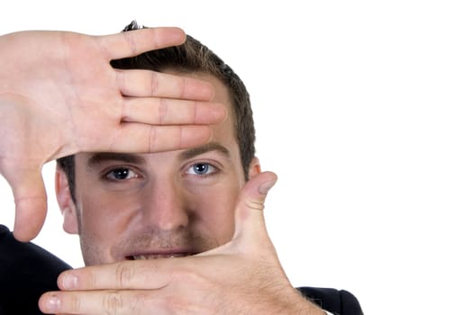 businessman gesturing with fingers against white background