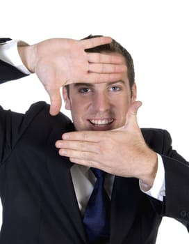 man making frame shape with fingers on an isolated background